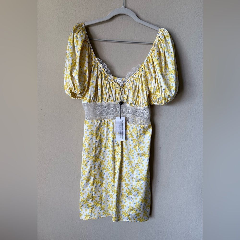 NWT For Love and Lemons Daffodil Mini Yellow Dress Puff Sleeve in Floral Size XS - Picture 7 of 10